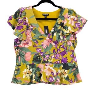 Express NEW 2023 Women Large Floral Ruffle Peplum V Neck Short Sleeve Top Blosue